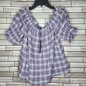 New Tommy Hilfiger Women's XS Blouse Plaid Red Blue Top Off The Shoulder Ruffled